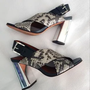 Rebecca Minkoff Mina Criscross snake embossed chunky heel sandals