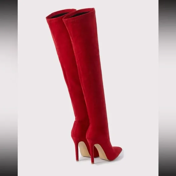 Red Solid Color Stretch Fabric Over-the-knee Boots With Side Zipper