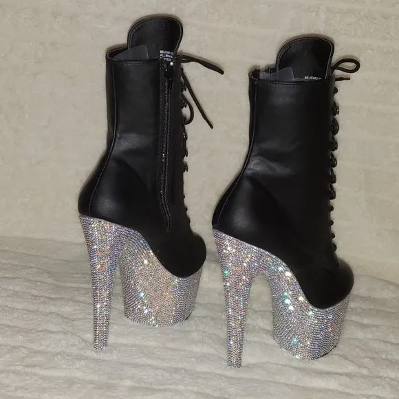 Rhinestone 7&quot; Heel Platform Lace up Ankle Boots Bejeweled