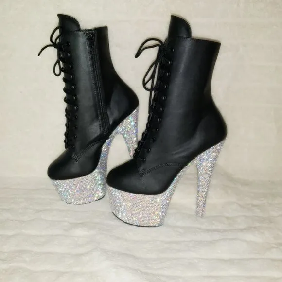 Rhinestone 7&quot; Heel Platform Lace up Ankle Boots Bejeweled