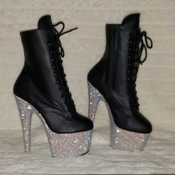 Rhinestone 7&quot; Heel Platform Lace up Ankle Boots Bejeweled