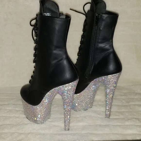 Rhinestone 7&quot; Heel Platform Lace up Ankle Boots Bejeweled