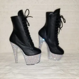 Rhinestone 7&quot; Heel Platform Lace up Ankle Boots Bejeweled