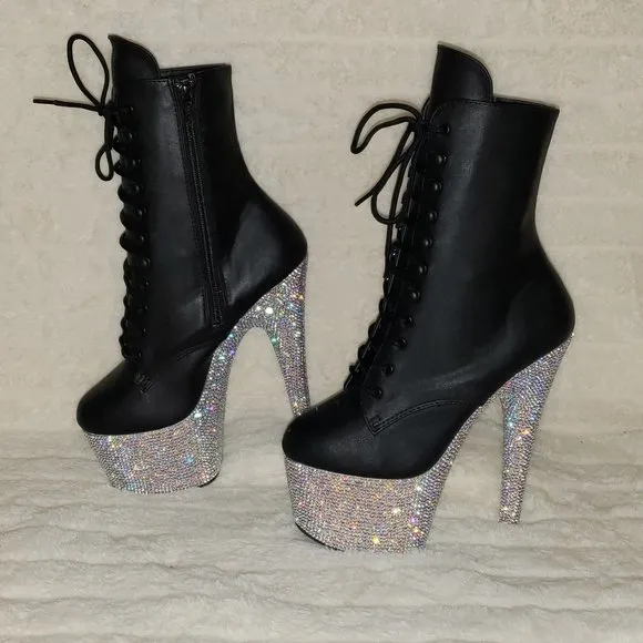 Rhinestone 7&quot; Heel Platform Lace up Ankle Boots Bejeweled