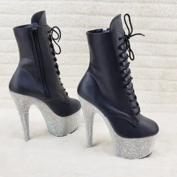 Rhinestone 7&quot; Heel Platform Lace up Ankle Boots Bejeweled