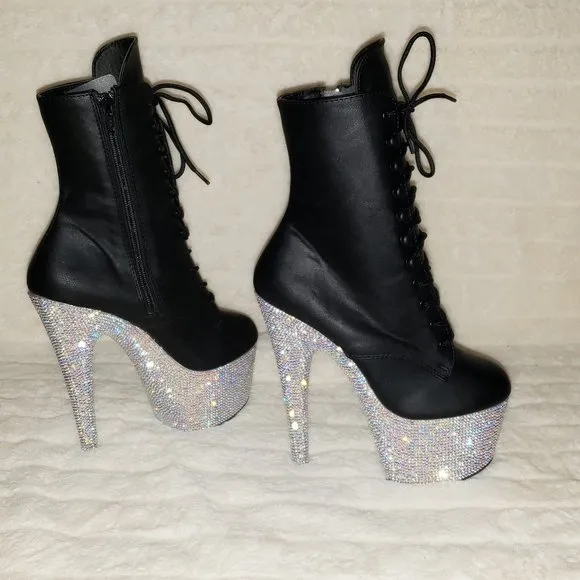 Rhinestone 7&quot; Heel Platform Lace up Ankle Boots Bejeweled