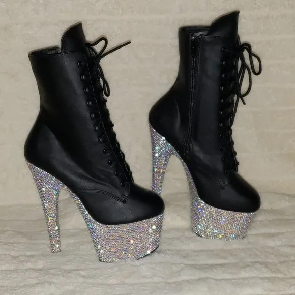Rhinestone 7&quot; Heel Platform Lace up Ankle Boots Bejeweled