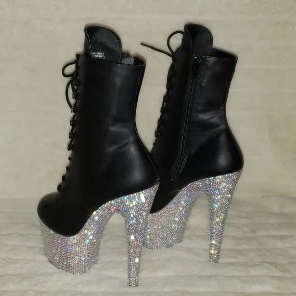 Rhinestone 7&quot; Heel Platform Lace up Ankle Boots Bejeweled