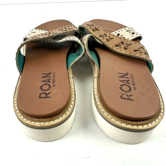 Roan Bed Stu Chant Sandals 7.5  Leather Brown Ivory Cutout Floral Slides Womens