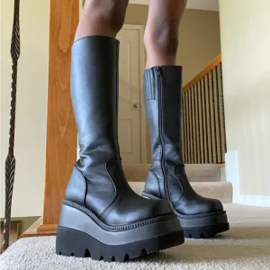 Rock and Candy Faux Leather Side-Zip Wedge Heel Knee high Boots