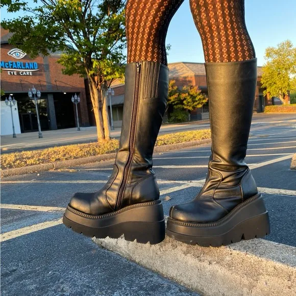 Rock and Candy Faux Leather Side-Zip Wedge Heel Knee high Boots