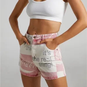 Rollas Mirage Coca-Cola Print Denim High Waist Jean Shorts Sizes 25 &amp; 26 NWT