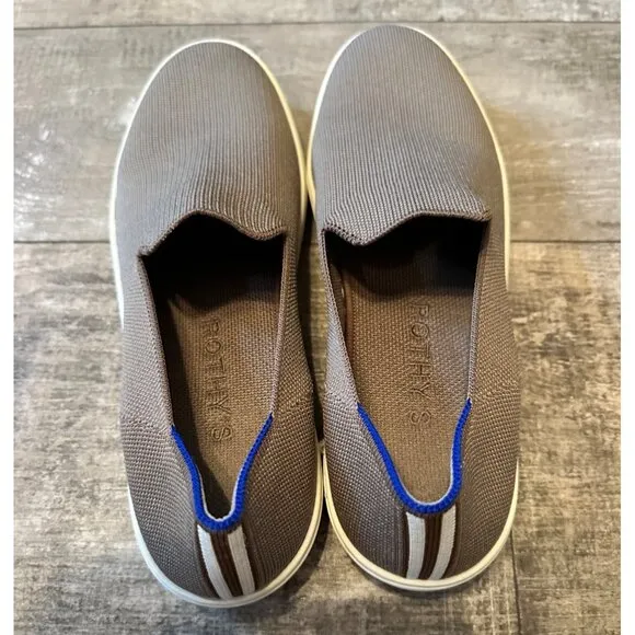Rothys Slip On Sneakers Loafer Womens Size 11 Brown Knit Upper Blue Accent Strip