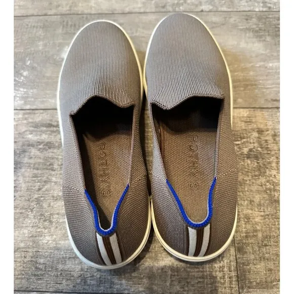 Rothys Slip On Sneakers Loafer Womens Size 11 Brown Knit Upper Blue Accent Strip
