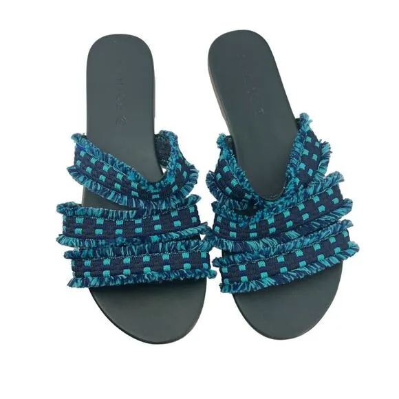 Rothy’s Teal Blue Fringe Triple Band Sandals 8.5