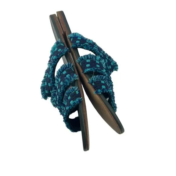 Rothy’s Teal Blue Fringe Triple Band Sandals 8.5