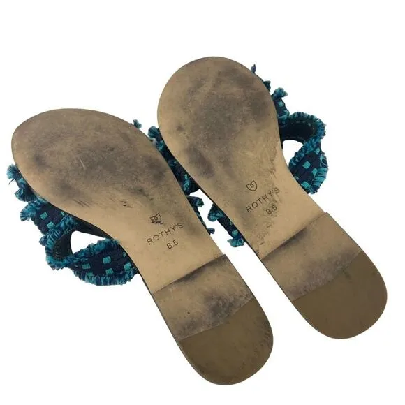 Rothy’s Teal Blue Fringe Triple Band Sandals 8.5