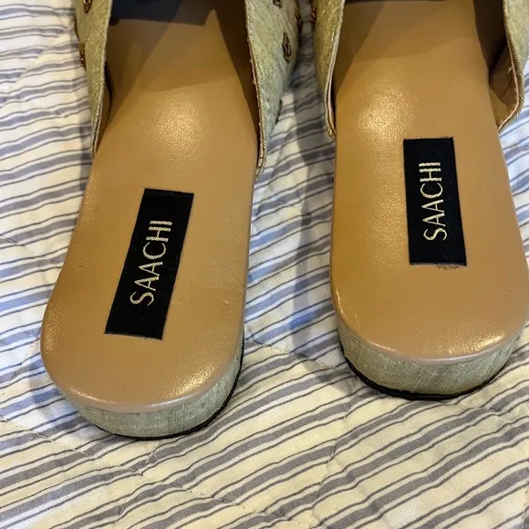 Saachi Green Silk Beaded Mules, Sz 9, NWOT