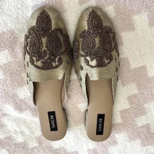 Saachi Green Silk Beaded Mules, Sz 9, NWOT