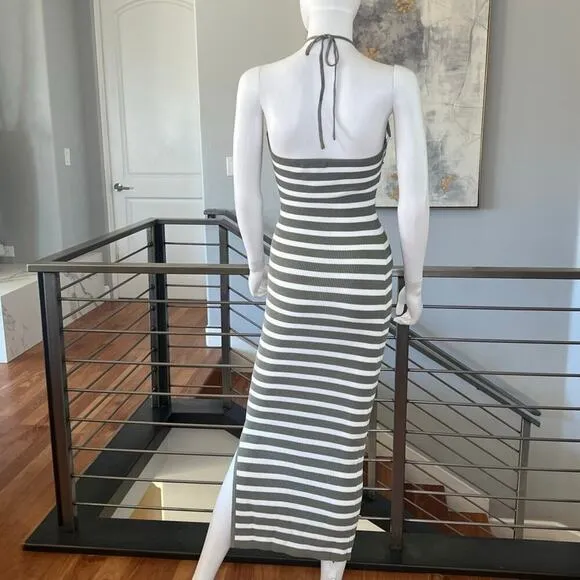 Sage Striped Knitted Knot Front Maxi Dress