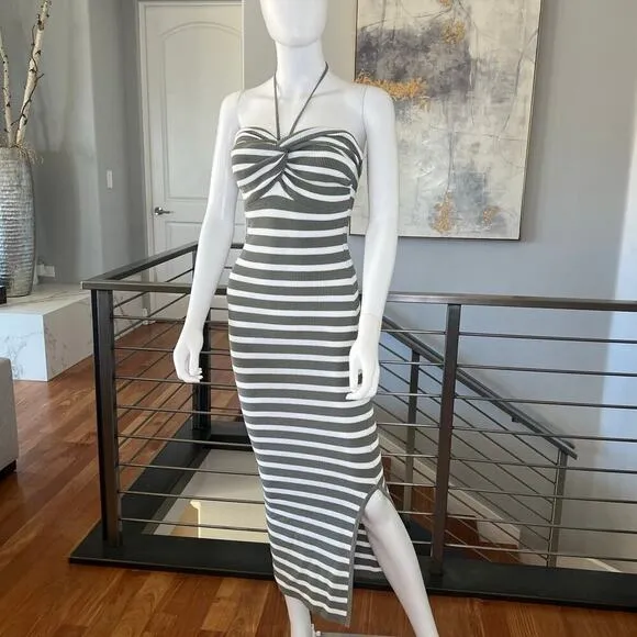 Sage Striped Knitted Knot Front Maxi Dress