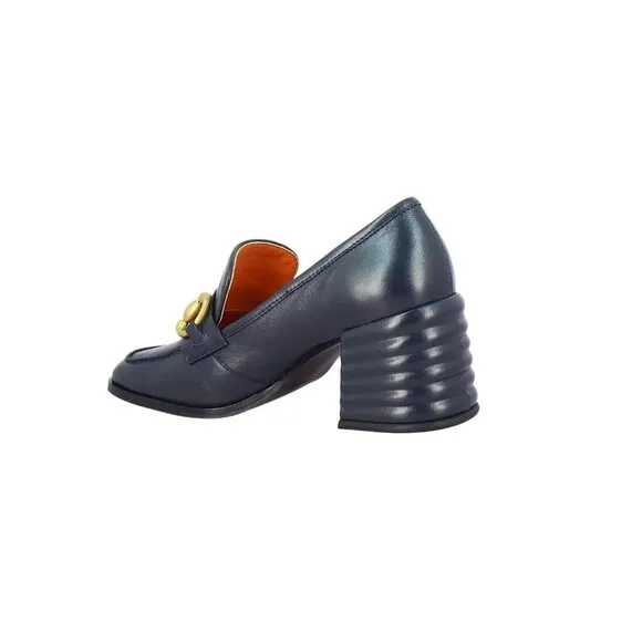 SAINT G Valentina Italian Leather Horsebit Heeled Loafers in Navy size 41
