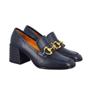 SAINT G Valentina Italian Leather Horsebit Heeled Loafers in Navy size 41