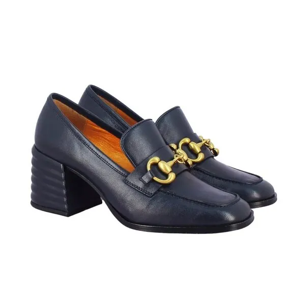 SAINT G Valentina Italian Leather Horsebit Heeled Loafers in Navy size 41