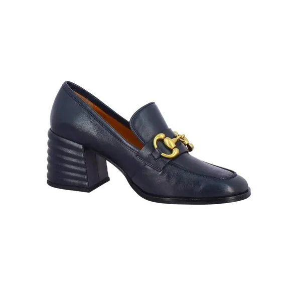 SAINT G Valentina Italian Leather Horsebit Heeled Loafers in Navy size 41