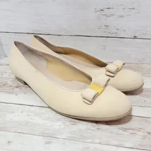 Salvatore Ferragamo Bow Flats In Cream Nappa Leather US W 11.5 B