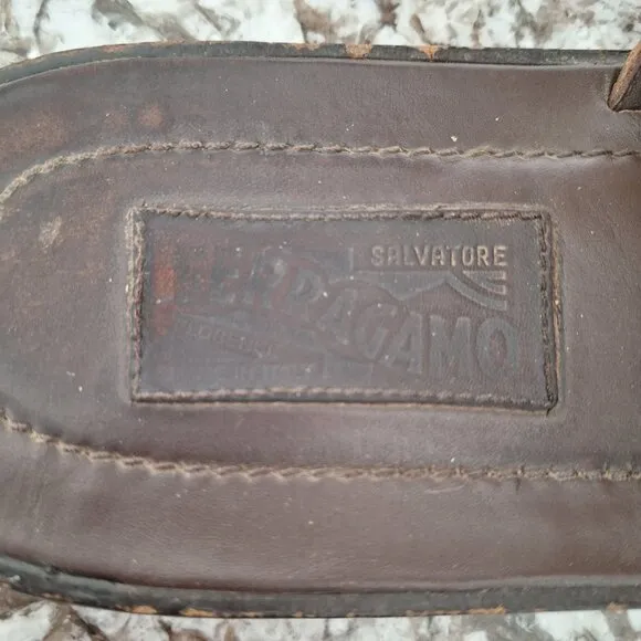 Salvatore Ferragamo logo Brown Leather slides sandals size 10.5 D