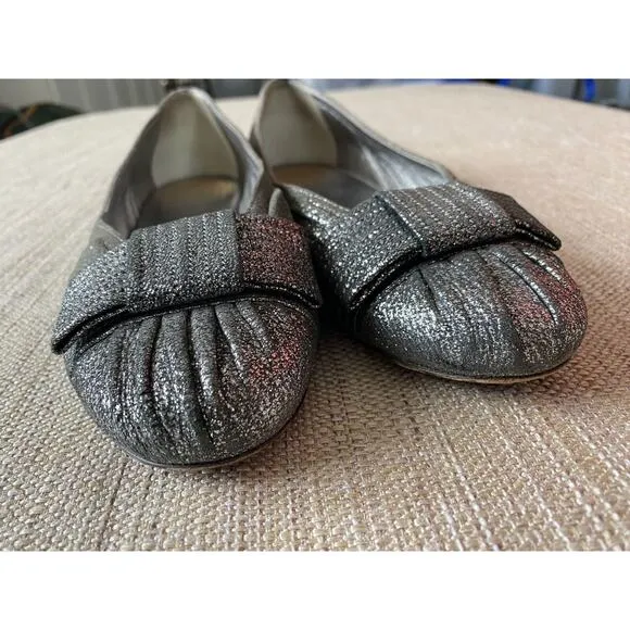 SALVATORE FERRAGAMO Metallic Silver Suede Bow Ballet Flats 8