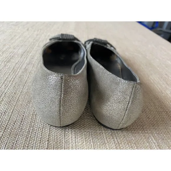 SALVATORE FERRAGAMO Metallic Silver Suede Bow Ballet Flats 8