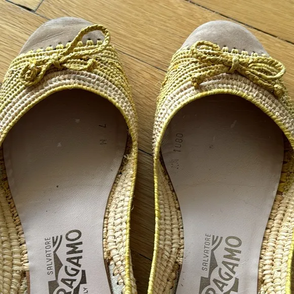 Salvatore Ferragamo Woven Raffia &amp; Suede Yellow Flats