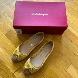 Salvatore Ferragamo Woven Raffia &amp; Suede Yellow Flats