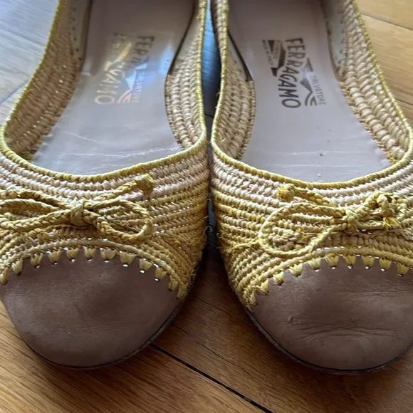 Salvatore Ferragamo Woven Raffia &amp; Suede Yellow Flats