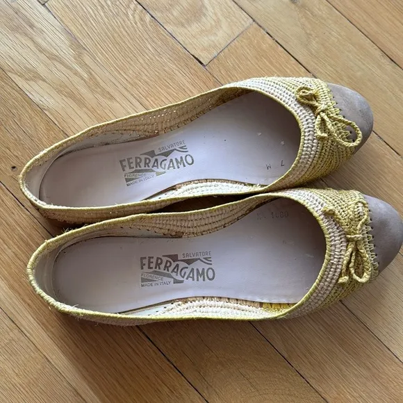 Salvatore Ferragamo Woven Raffia &amp; Suede Yellow Flats