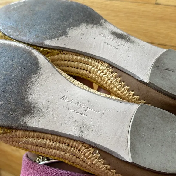 Salvatore Ferragamo Woven Raffia &amp; Suede Yellow Flats