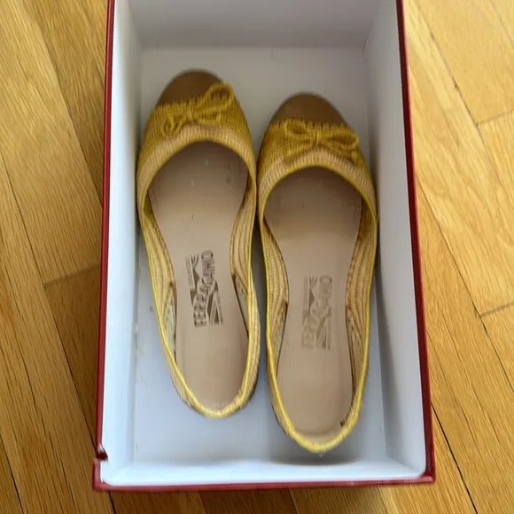 Salvatore Ferragamo Woven Raffia &amp; Suede Yellow Flats
