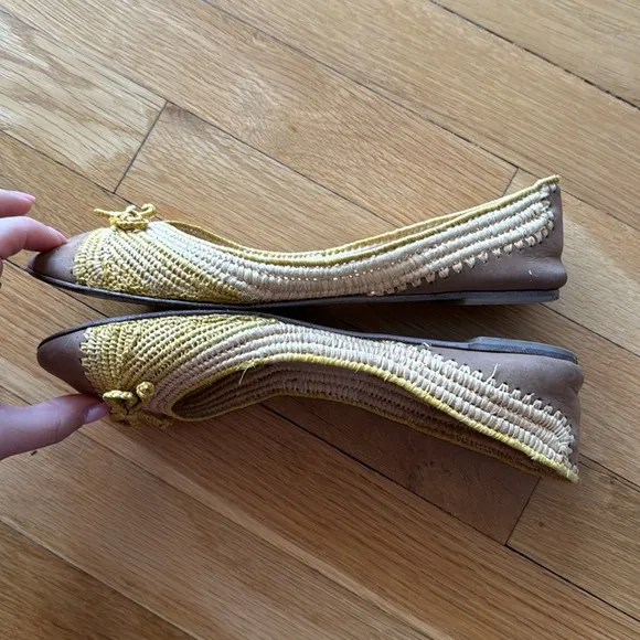 Salvatore Ferragamo Woven Raffia &amp; Suede Yellow Flats