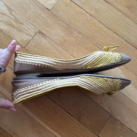 Salvatore Ferragamo Woven Raffia &amp; Suede Yellow Flats