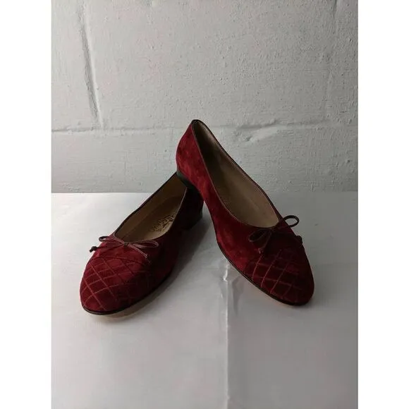 Salvatore Ferragamo Red Wine Suede Quilted Ballet Flats Sz 8.5 Made in Italy NWO