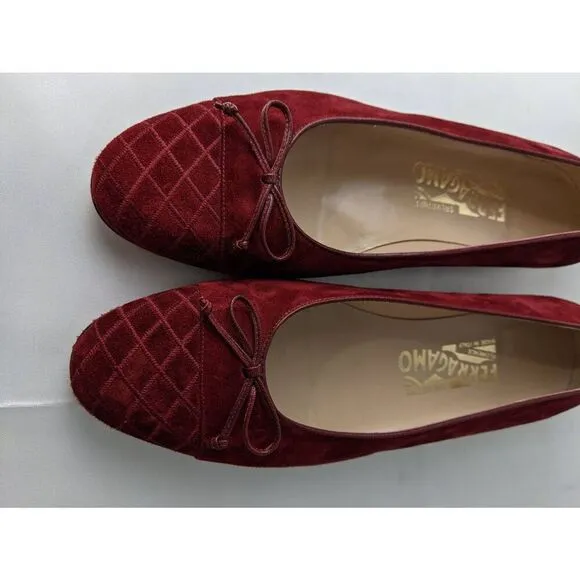 Salvatore Ferragamo Red Wine Suede Quilted Ballet Flats Sz 8.5 Made in Italy NWO