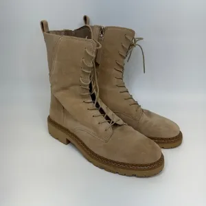 SAM EDELMAN Combat Boots Womens 7.5 Beige Tan Lex Sesame Suede Leather Side Zip