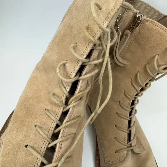 SAM EDELMAN Combat Boots Womens 7.5 Beige Tan Lex Sesame Suede Leather Side Zip