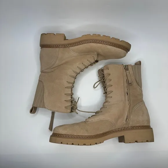SAM EDELMAN Combat Boots Womens 7.5 Beige Tan Lex Sesame Suede Leather Side Zip