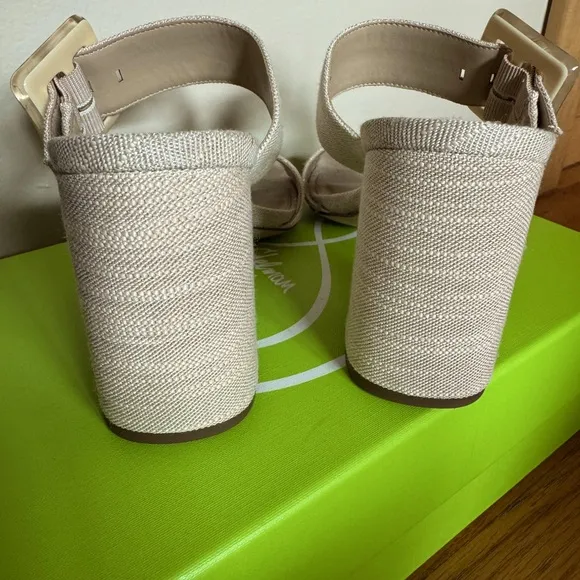 Sam Edelman Dalton Block Heel Sandal Sand Metallic Linen Square Toe Slide Size 7
