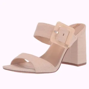 Sam Edelman Dalton Block Heel Sandal Sand Metallic Linen Square Toe Slide Size 7