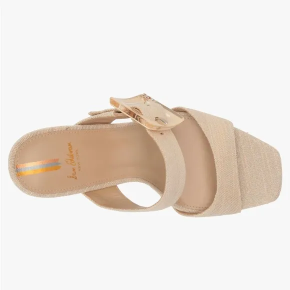 Sam Edelman Dalton Block Heel Sandal Sand Metallic Linen Square Toe Slide Size 7