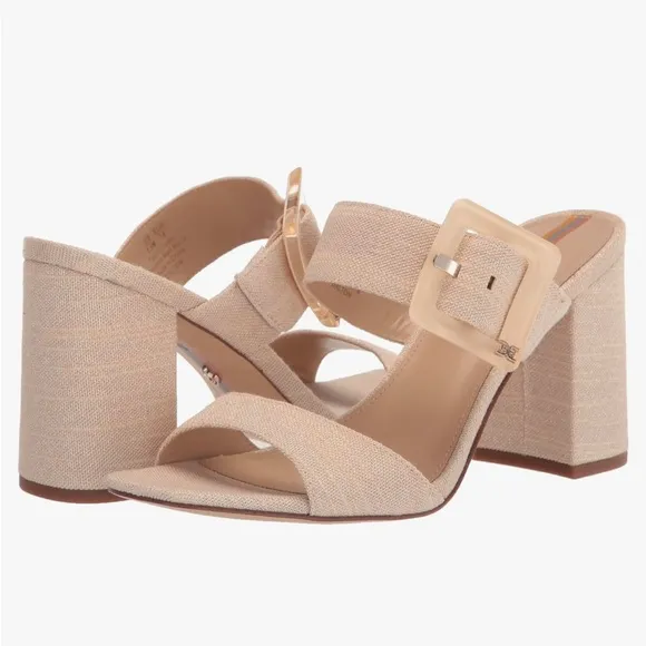 Sam Edelman Dalton Block Heel Sandal Sand Metallic Linen Square Toe Slide Size 7